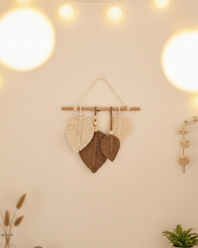 painel de folha, decoração macramé